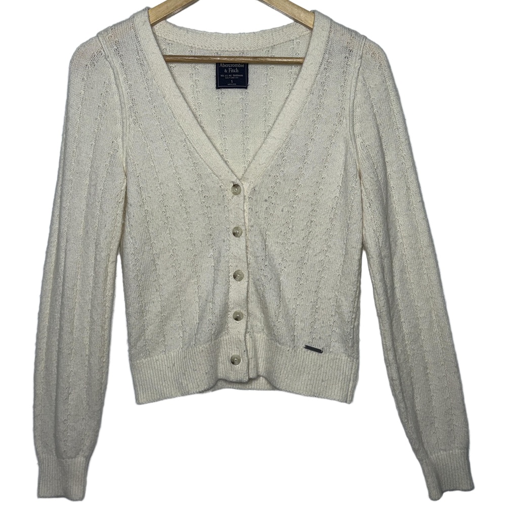 Abercrombie & Fitch Cream Ribbed Knit Long Sleeve V-Neck Cardigan Sweater Size S